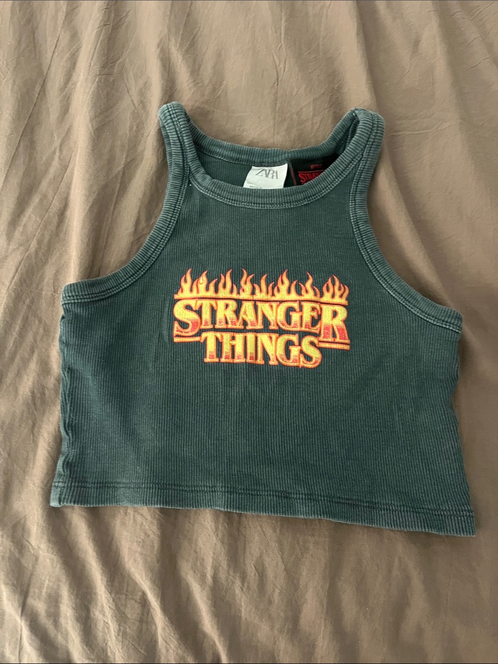 Zara Dark Teal Ribbed Stranger Things Crop Tank